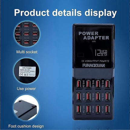 60W 12-Port USB Charging Station for Multiple Devices, Apple & More