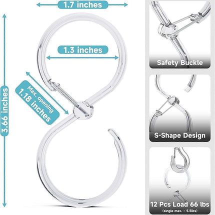 12pcs Plastic Shower Curtain Hooks Rings Rust-Proof S Hooks for Curtains & Clothes