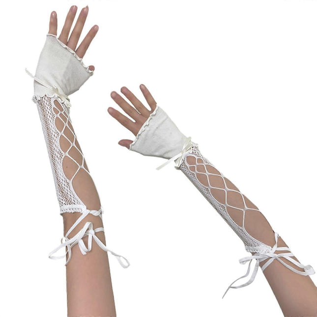 2000s Hollow Lace Up Arm Sleeves Summer Cooling Fashion White V1263-JX-5645