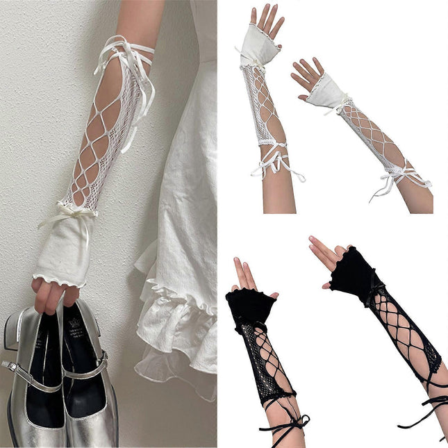 2000s Hollow Lace Up Arm Sleeves Summer Cooling Fashion White – product detail