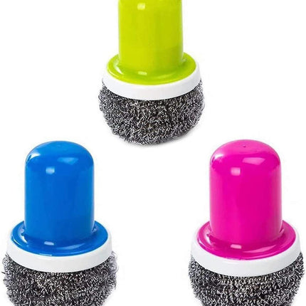 3Pcs Stainless Steel Scourer with Handle Reusable Pot Cleaning Brush Set