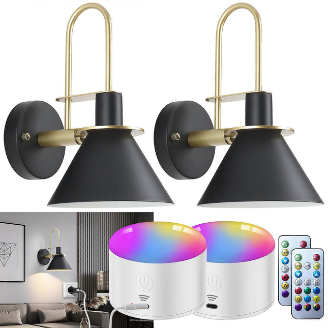 Battery Operated Wall Sconces Set of 2 RGB Wireless LED Remote 10000mAh Black V1263-JX-5789