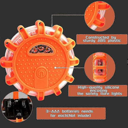 Roadside Emergency LED Flare Lights 4 Pack, Flashing Beacon Disc Warning Kit