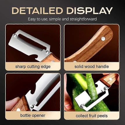 Vegetable Peeler with Bottle Opener - Razor-Sharp Stainless Blade, Ergonomic Wooden Handle