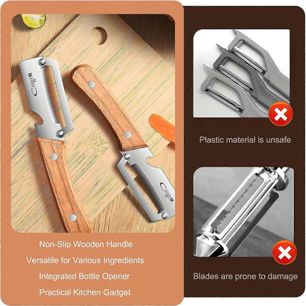 Stainless Steel Vegetable Peeler with Wooden Handle - Sharp Blade & Bottle Opener