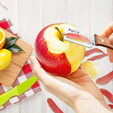 Stainless Steel Vegetable Peeler with Wooden Handle - Sharp Blade & Bottle Opener