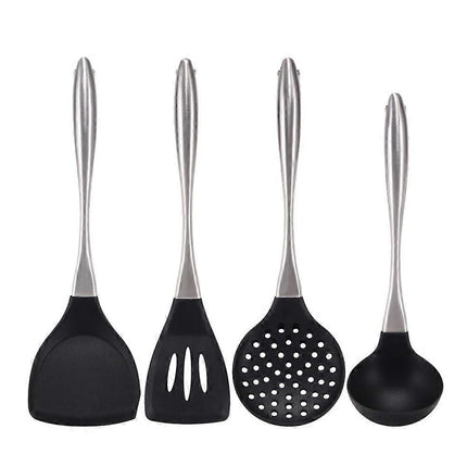Reusable Kitchen Utensil Set - Non-Stick, Black, Stainless Steel & Silicone