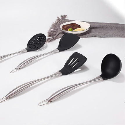 Reusable Kitchen Utensil Set - Non-Stick, Black, Stainless Steel & Silicone