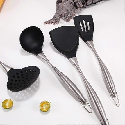 Reusable Kitchen Utensil Set - Non-Stick, Black, Stainless Steel & Silicone