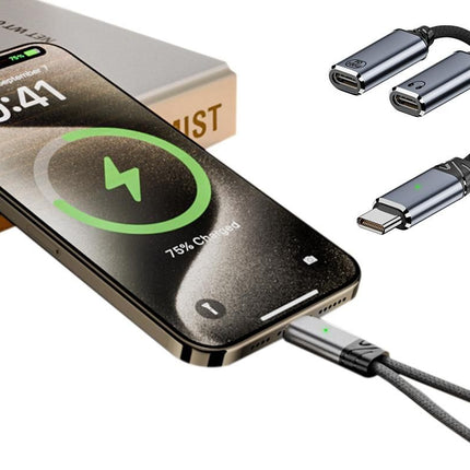 2 In 1 Audio Charger Splitter Dual USB C Headphone And Charger Adapter Audio Dongle Cable - Grey