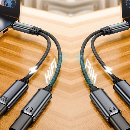 2 In 1 Audio Charger Splitter Dual USB C Headphone And Charger Adapter Audio Dongle Cable - Grey