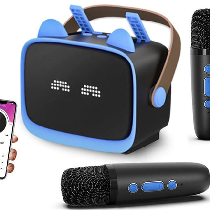 Mini Karaoke Machine Toys Gifts Portable MP3 Player with 2 Wireless Microphone - Blue