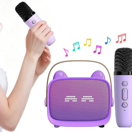 Mini Karaoke Machine Toys Gifts Portable MP3 Player with 2 Wireless Microphone - Purple