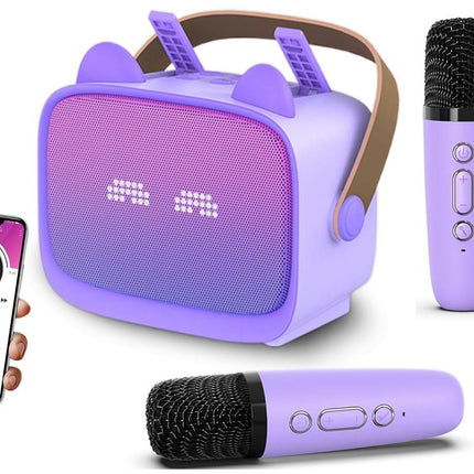 Mini Karaoke Machine Toys Gifts Portable MP3 Player with 2 Wireless Microphone - Purple