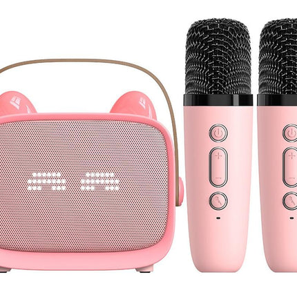 Mini Karaoke Machine Toys Gifts Portable MP3 Player with 2 Wireless Microphone - Pink