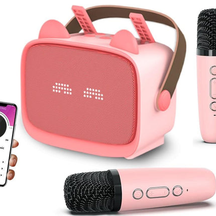 Mini Karaoke Machine Toys Gifts Portable MP3 Player with 2 Wireless Microphone - Pink
