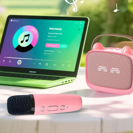 Mini Karaoke Machine Toys Gifts Portable MP3 Player with 2 Wireless Microphone - Pink