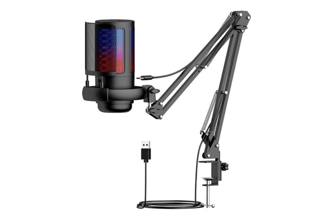 USB Gaming Microphone Kit for PC Gain Control with Pop Filter Boom Stand V1263-JX-6312