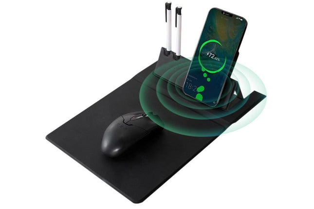 15W Fast Charging Wireless Mouse Pad with Foldable Design Multi-Function PU Leather Desk Mat for Office &