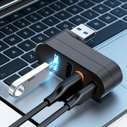 4 Port USB Hub Rotatable 180 Degrees USB Splitter with Type-C for Laptop - Black