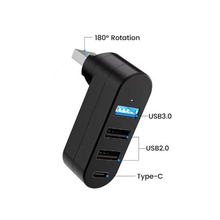 4 Port USB Hub Rotatable 180 Degrees USB Splitter with Type-C for Laptop - Black