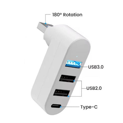 4 Port USB Hub Rotatable 180 Degrees USB Splitter with Type-C for Laptop - White
