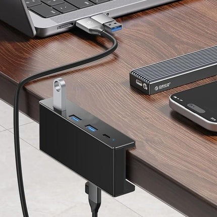 USB Hub 3.0 Aluminum 4-Port USB Adapter with 3 USB-A Data Ports for Monitors Desks - Black