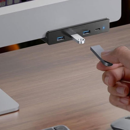 USB Hub 3.0 Aluminum 4-Port USB Adapter with 3 USB-A Data Ports for Monitors Desks - Black