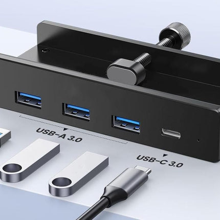 USB Hub 3.0 Aluminum 4-Port USB Adapter with 3 USB-A Data Ports for Monitors Desks - Black