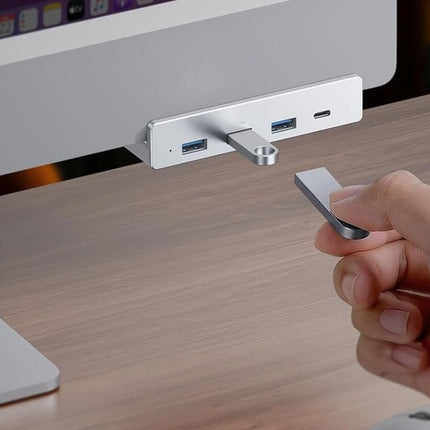 USB Hub 3.0 Aluminum 4-Port USB Adapter with 3 USB-A Data Ports for Monitors Desks - Silver