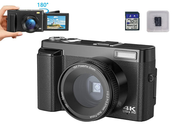 4K Digital Camera for Outdoor Photography With 32GB TF Card 180 Degree Flip Screen 16X Zoom 48MP Autofocus