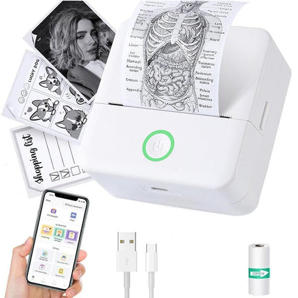 Thermal Mini Printer Mini Pocket Wireless Thermal Printer Bluetooth Photo Inkless Sticker Printer Compatible with iOS&Android - White
