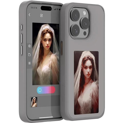 NFC E-Ink Smart Cover iPhone Ink Screen Display Digital DIY Custom Picture Phone Case -Grey /iPhone 15 Pro Max