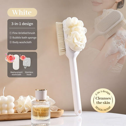 3-in-1 Multi-Functional Long-Handled Body Scrub Brush: Bath Sponge + Soft-Bristle Brush + Washcloth All-in-One, Home Exfoliating Bath Brush, Back Scrubber—White