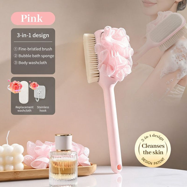 3-in-1 Multi-Functional Long-Handled Body Scrub Brush Combining Bath Sponge Plus Soft-Bristle Brush