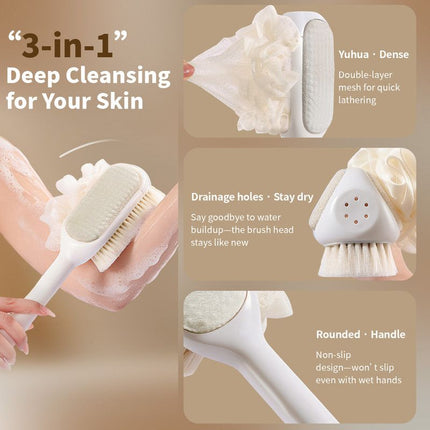 3-in-1 Multi-Functional Long-Handled Body Scrub Brush, Combining Bath Sponge + Soft-Bristle Brush + Washcloth in One, Home Exfoliating Bath Brush, Back Scrubber - Pink