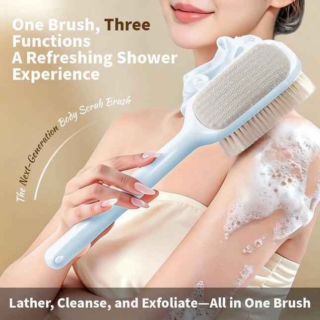 3-in-1 Multi-Functional Long-Handled Bath Brush Combining Bath Sponge Soft-Bristle Brush and Washcloth