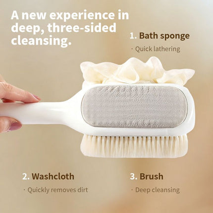 3-in-1 Multi-Functional Long-Handled Bath Brush, Combining Bath Sponge, Soft-Bristle Brush, and Washcloth in One, Home Exfoliating Bath Brush, Back Scrubber - Blue
