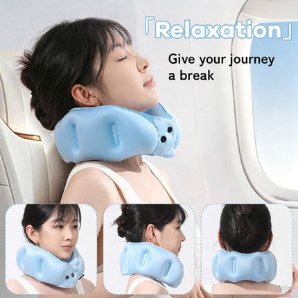 Portable Inflatable Travel Neck Pillow, Nap Pillow, Comfortable Neck Support for Long Trips, Easy to Pack for Business Trips and Travel, Foldable and Slim Travel Pillow - Blue