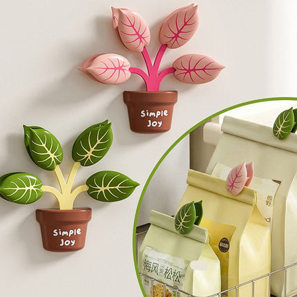 Household Food Bag Freshness Sealing Clips, Creative Plant Pot Magnetic Clips, Multifunctional Fridge Magnet Clips, Cute Leaf-Shaped Food Bag Clips，2-pack - Pink + Green