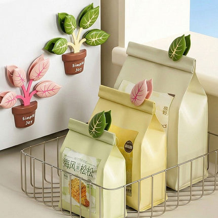 Household Food Bag Freshness Sealing Clips, Creative Plant Pot Magnetic Clips, Multifunctional Fridge Magnet Clips, Cute Leaf-Shaped Food Bag Clips - Green