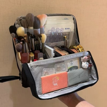 Portable Multi-Functional Toiletry Bag, Stand-Up Large-Capacity Storage Bag for Makeup Brushes, Cosmetics, and Toiletries, Jinbu Multi-Compartment Storage Bag - Black