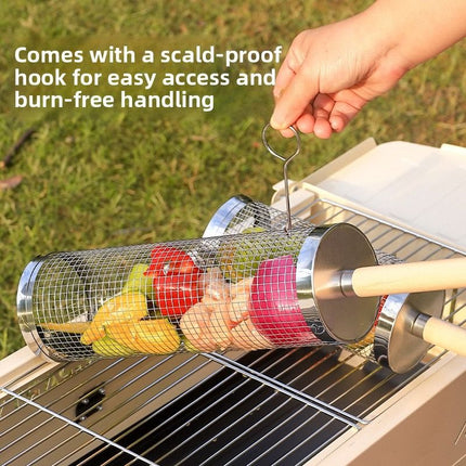 Food-grade stainless steel rotisserie skewer, 360° rotatable, with heat-resistant wooden handle—outdoor camping barbecue tool (Large)