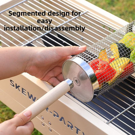Food-grade stainless steel rotisserie skewer, 360° rotatable, with heat-resistant wooden handle—outdoor camping barbecue tool (Large)