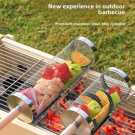 Food-grade stainless steel rotisserie skewer, 360° rotatable, with heat-resistant wooden handle—outdoor camping barbecue tool (Large)