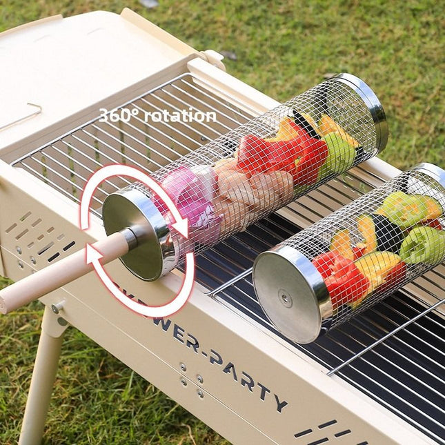 Food-grade stainless steel rotisserie skewer 360 Degree rotatable with heat-resistant wooden handle – product detail