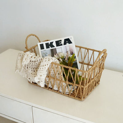 Handwoven paper rope storage basket with a rectangular design and two handles; perfect for organizing desk clutter, snacks, and cosmetics; Bohemian-style storage basket