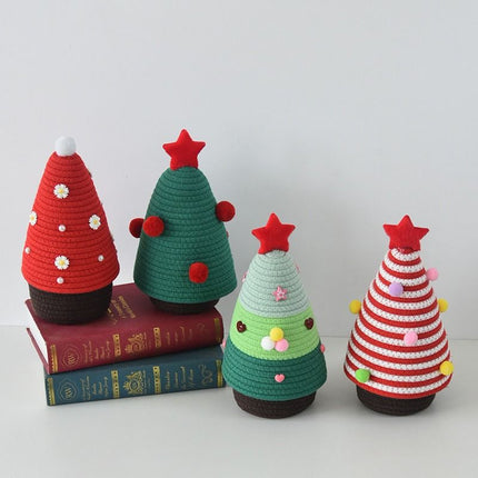 Christmas-themed cotton yarn woven storage basket, Christmas tree-shaped desktop storage box with lid, entryway key and remote control holder - cosmetic storage box - red