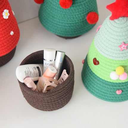 Christmas-themed cotton yarn woven storage basket, Christmas tree-shaped desktop storage box with lid, entryway key and remote control holder - cosmetic storage box - red