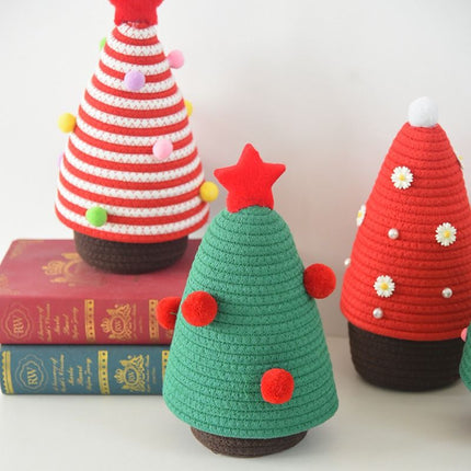 Christmas-themed cotton yarn woven storage basket, Christmas tree-shaped desktop storage box with lid, entryway key and remote control organizer - cosmetic storage box - green